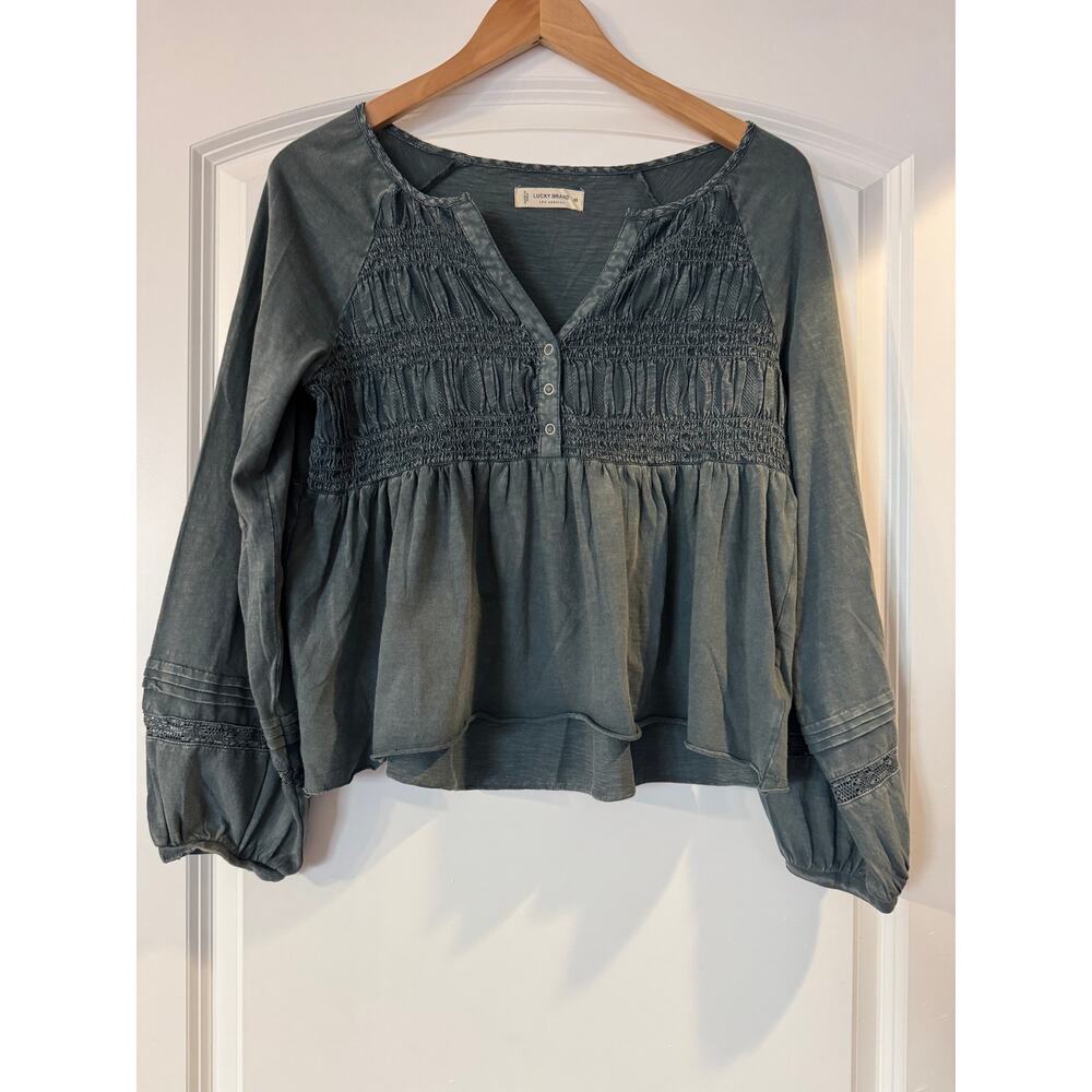 Lucky Brand Textured Smocked Long Sleeve Babydoll Top Blouse XS